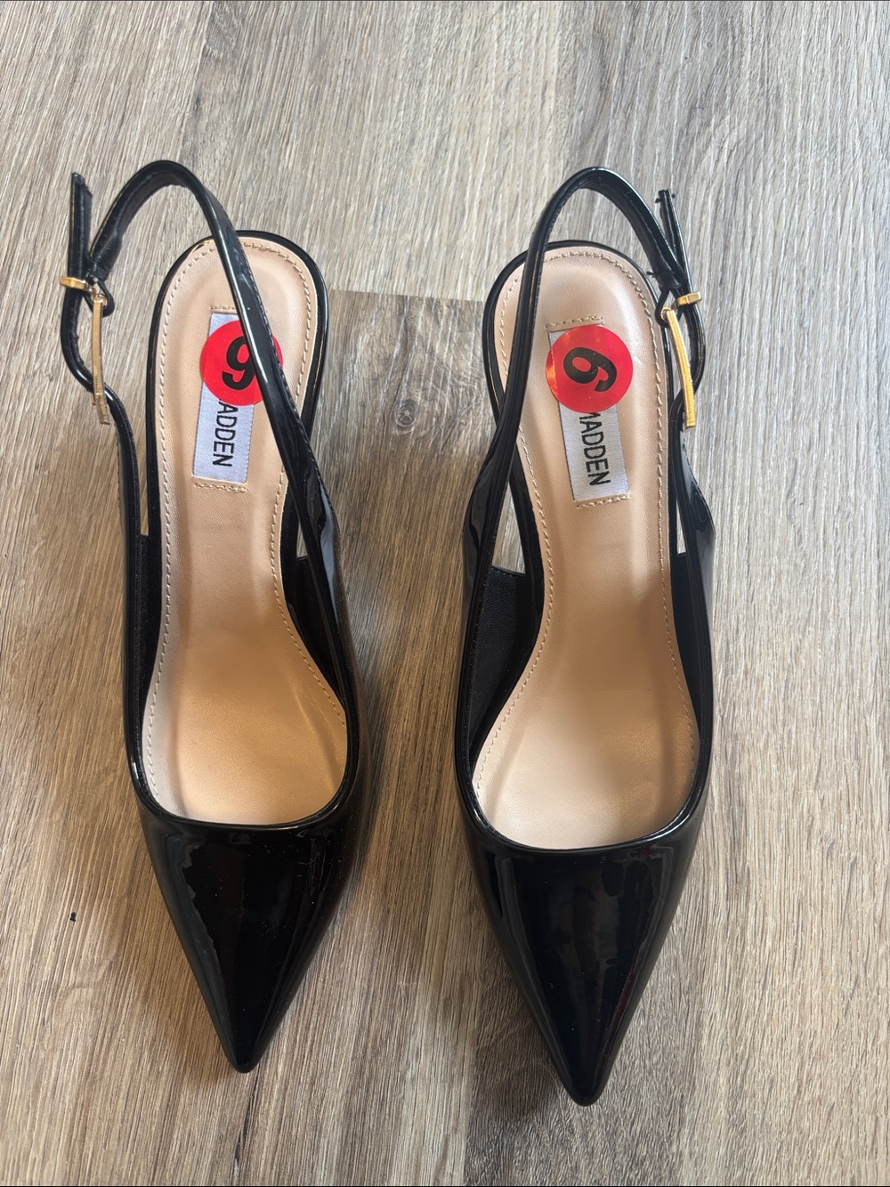 Steve Madden Black Patent Slingback Pointed Pumps with Gold Buckle